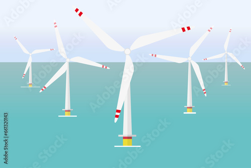 Offshore wind farm, vector illustration of windmill park at sea. Alternative energy