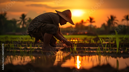 Traditional method of rice planting  farmers planted seedlings in green rice fields  sunrise  Asian rice farmer. Ai generative