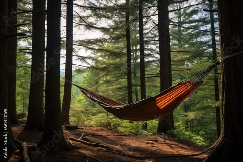 a hammock hung between two trees in forest
