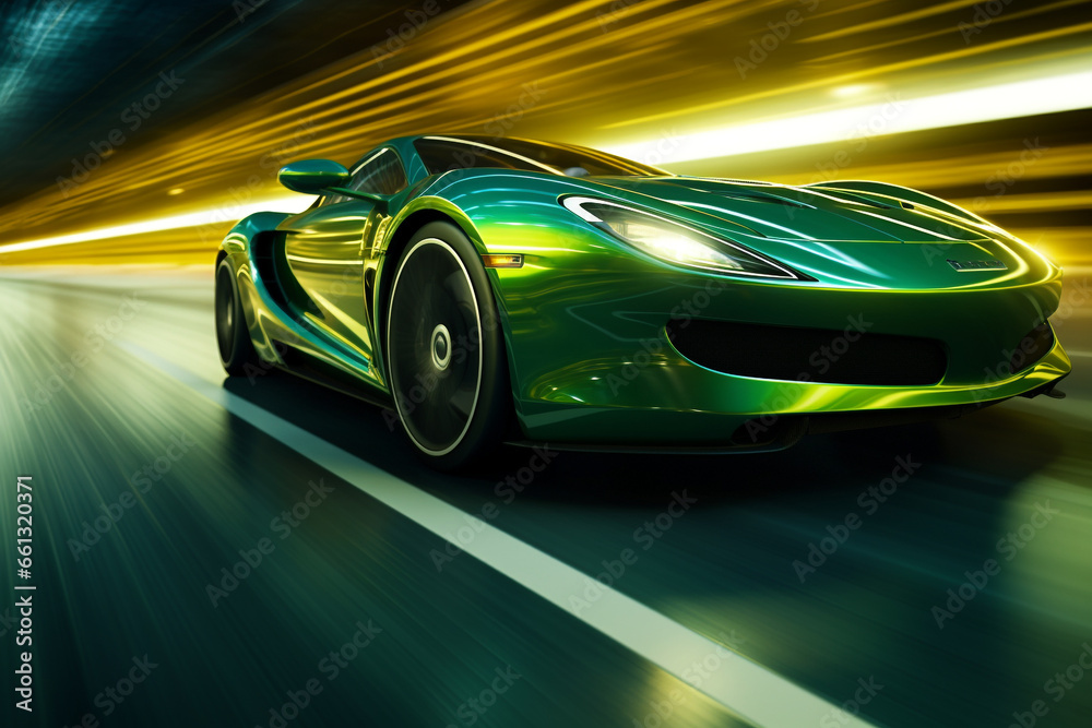 Obraz premium green car at high speed along the highway obscures the speed of movement 3d rendering AI generative 