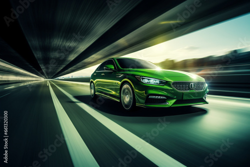 green car at high speed along the highway obscures the speed of movement 3d rendering AI generative  
