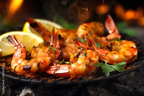 Grilled seafood prawn shrimps with lemon on plate 