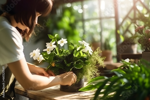 Close up young female florist using pruner to trim house plants, woman florist cutting flower while working in flower shop photo