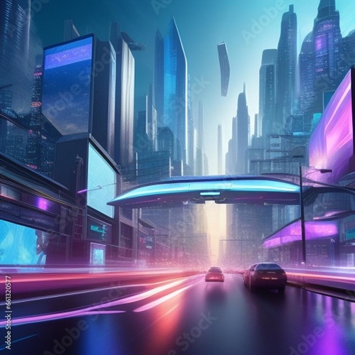 Futuristic Skyline  Holographic Billboards and Flying Cars 