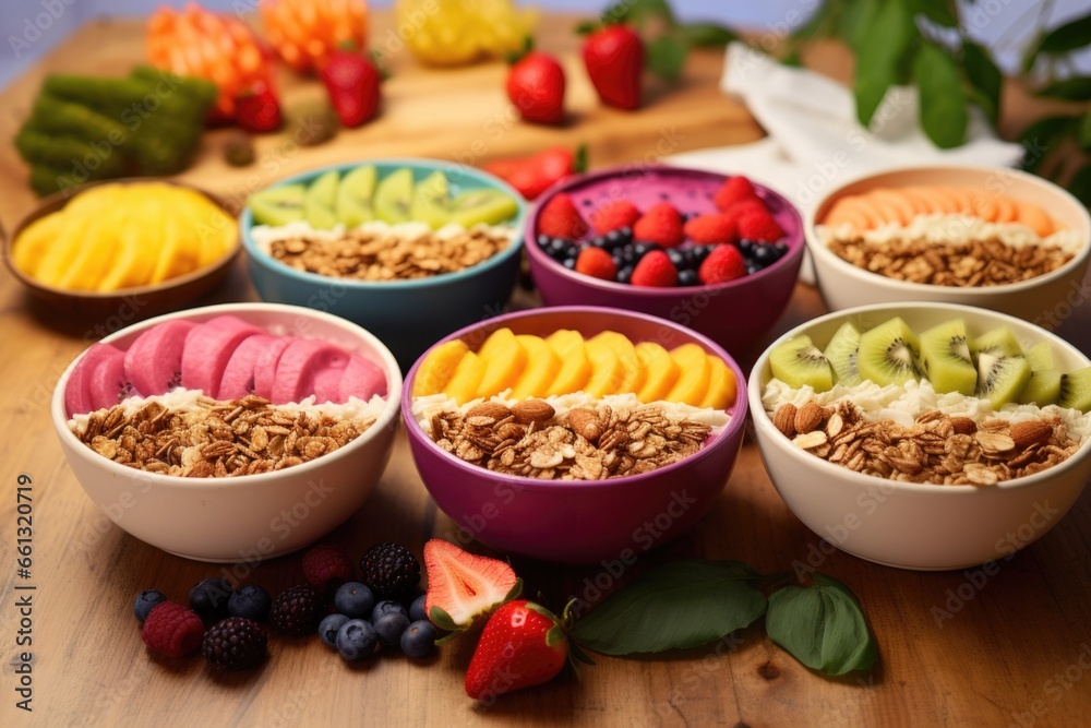 colorful smoothie bowls topped with fresh fruits and granola colorful smoothie bowls topped with fresh fruits and granola