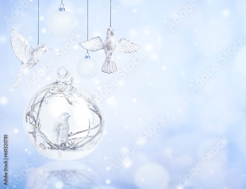 Christmas decoration on blue background with bokeh with copy space
