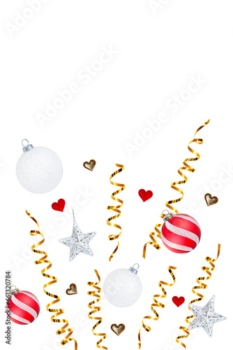 Christmas decoration with gold ribbon and red hearts on white background