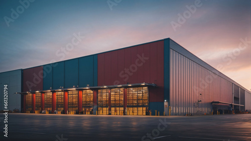 Modern industrial large warehouse with blue sky and clouds in the background. Industrial concept