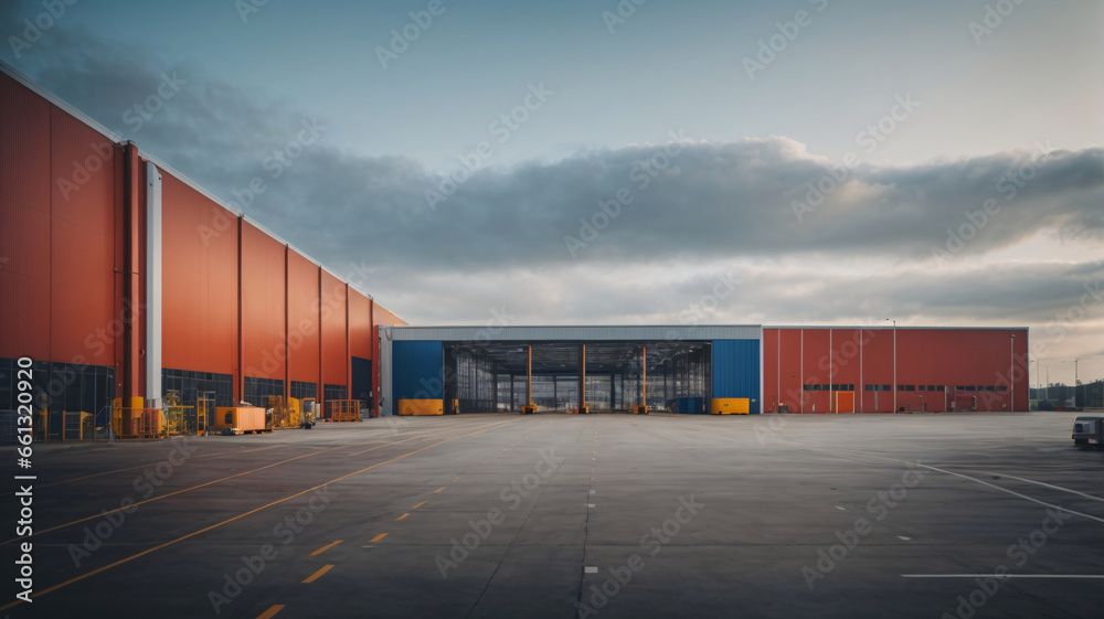 Modern industrial large warehouse  with blue sky and clouds in the background. Industrial concept