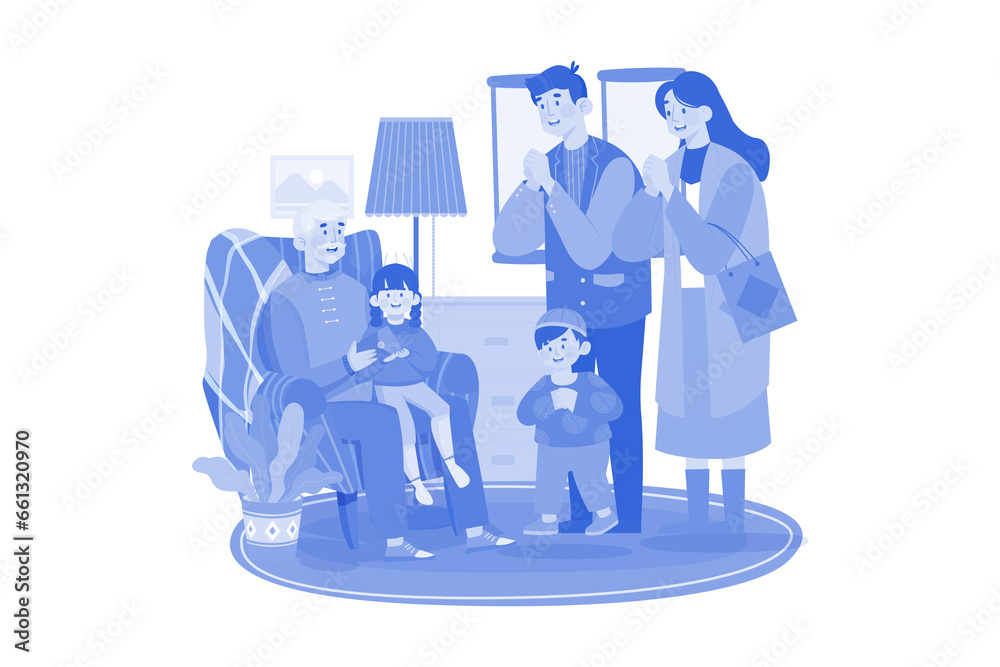 The family makes greeting gestures together. The family makes greeting gestures together.