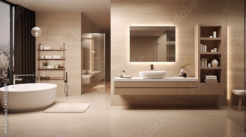 A Spacious Modern Beige Bathroom. Minimalist Design