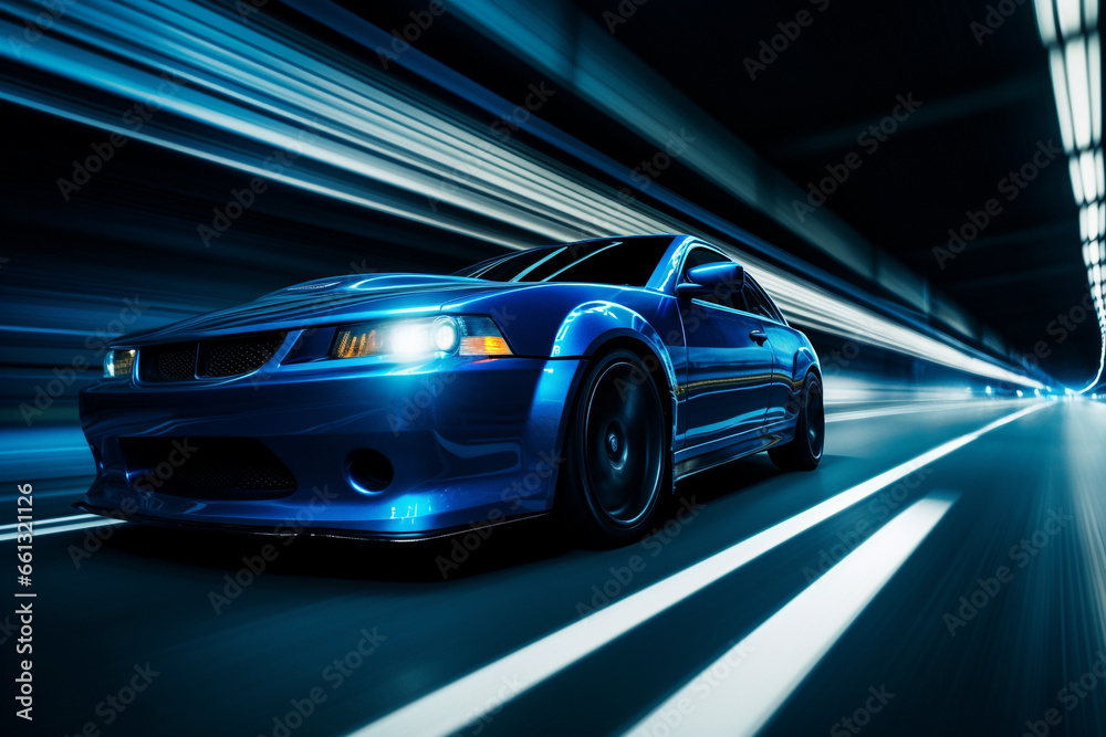 blue car at high speed along the highway obscures the speed of movement, 3d rendering. AI generative   
