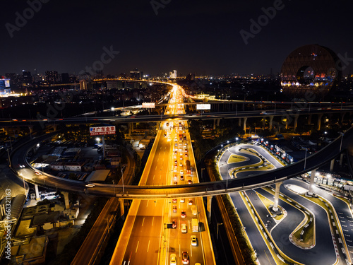 erial footage of night landscape in Guangzhou city, China 