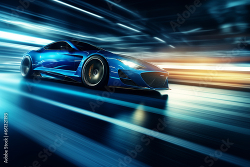blue car at high speed along the highway obscures the speed of movement, 3d rendering. AI generative 
