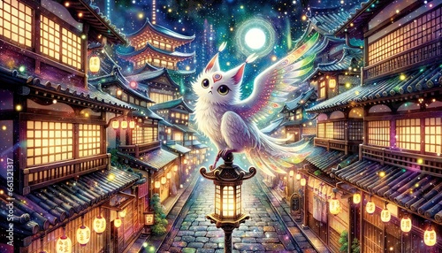 A detailed East Asian township under a starry sky. A whimsical white creature with luminous wings stands atop a lantern, surrounded by rooftops and glowing lanterns. photo
