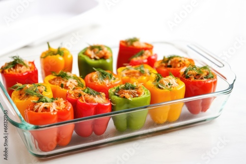 stuffed bell peppers placed in a rectangle glass baking dish