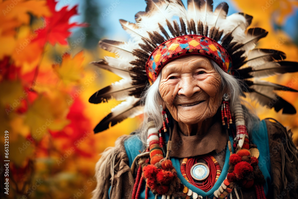 Elderly Native American woman grinning, surrounded by colorful autumn leaves.