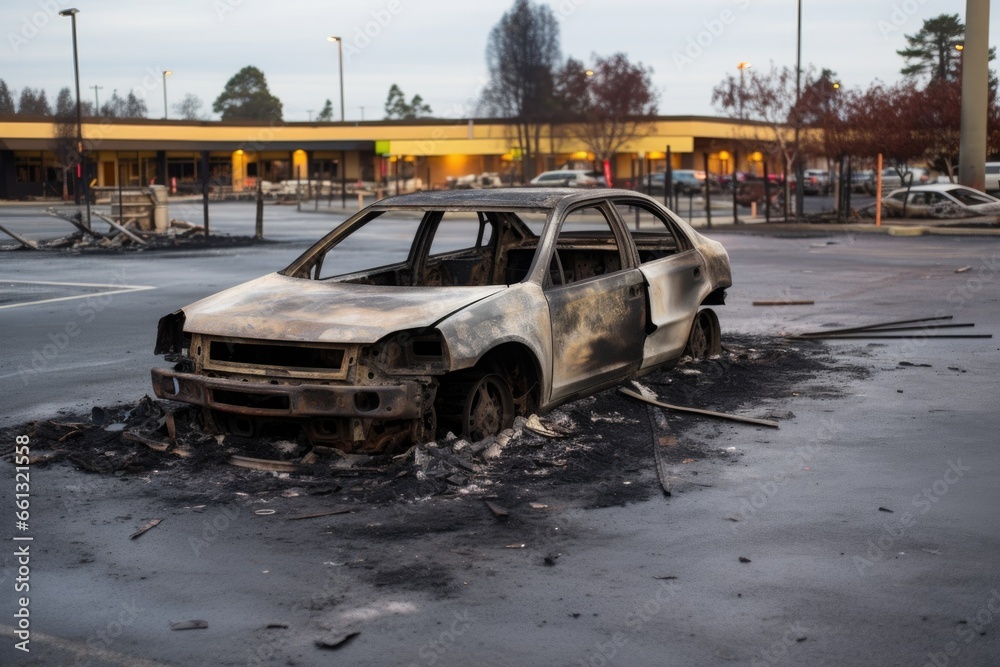 burned-out car in an empty parking lot