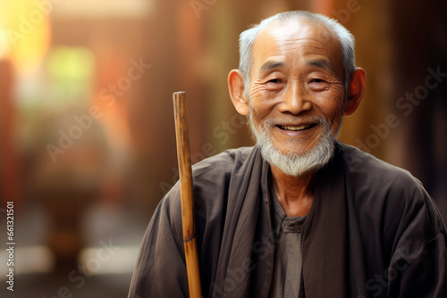 Elderly Asian gentleman smiling, holding a walking stick.