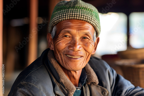 Elderly Asian gentleman smiling, wearing a knitted hat and gloves.