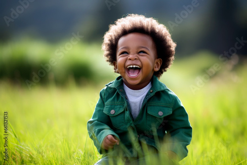 African toddler bursting into laughter on a grassy field.