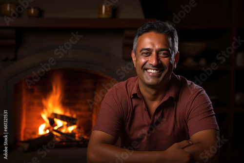 Middle-aged Indian man with a broad smile, lighting a fireplace. © MADMAT