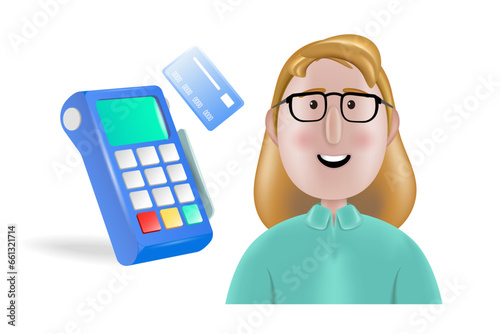 Payment terminal, POS-banking device. A payment device with an NFC keyboard. A credit card reader. Cartoon character. Vector 3D illustration. 