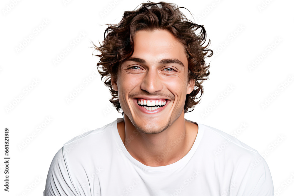 Studio portrait of a handsome young white Americana man with a beautiful smile isolated on transparent png background.