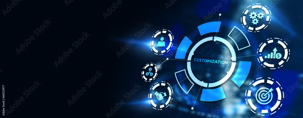 Business, technology, internet and network concept. Virtual screen of the future and sees the inscription: Customization. 3d illustration Business, technology, internet and network concept. Virtual screen of the future and sees the inscription: Customization. 3d illustration