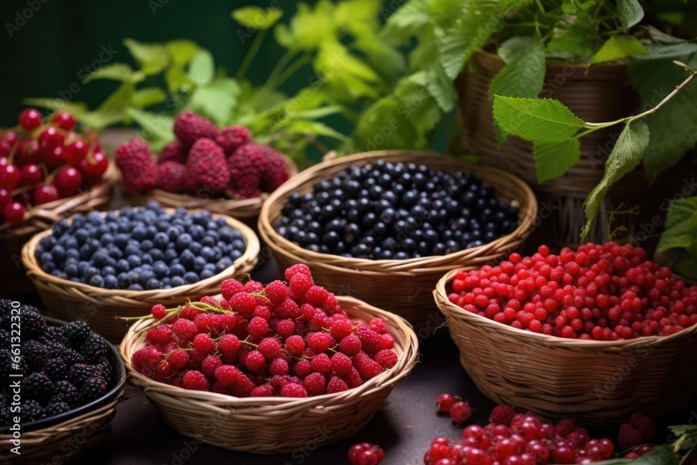 collection of wild berries on leafy backdrop collection of wild berries on leafy backdrop