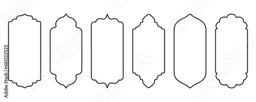 Ramadhan window frame shapes. Vector outline islamic arch and door. Muslim ornament label. Design elements isolated on white background. Traditional vintage symbols for decoration