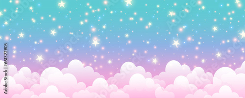Cloudy sky background. Unicorn fantasy pastel galaxy. Rainbow cute wallpaper. Fluffy magic pink landscape. Vector illustration