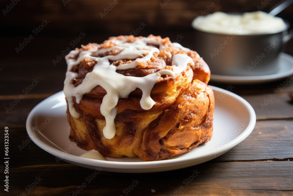 cinnamon roll with white frosting on a wooden table cinnamon roll with white frosting on a wooden table