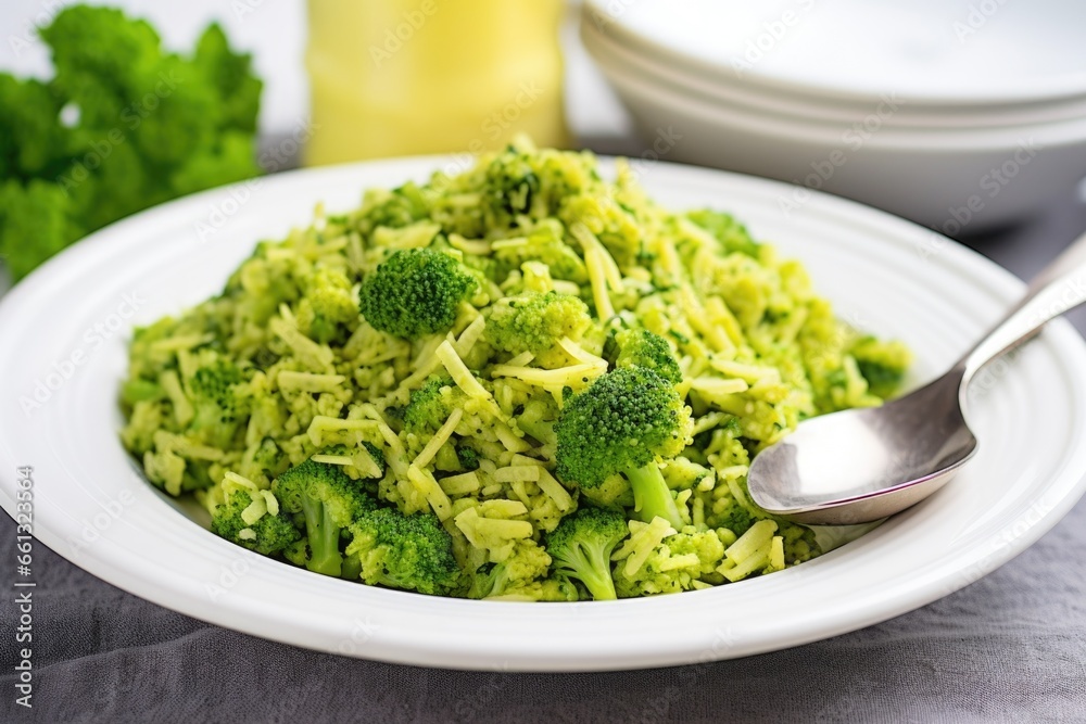 broccoli rice in a white ceramic plate with silver fork broccoli rice in a white ceramic plate with silver fork