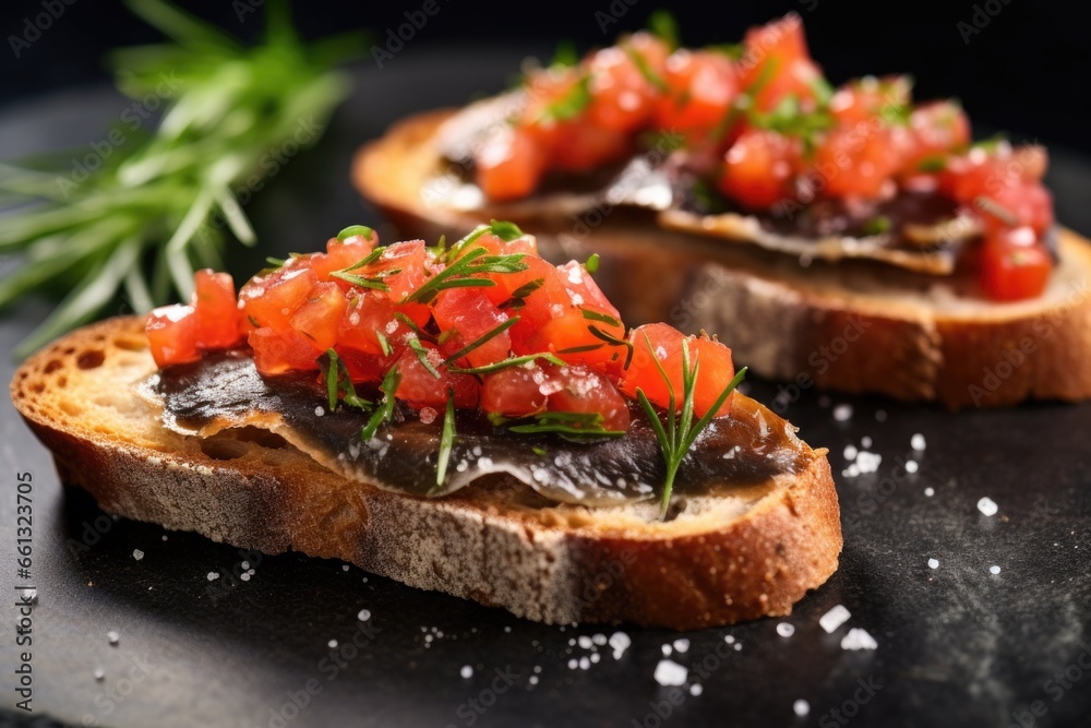 close-up on anchovy bruschetta with sea salt sprinkles