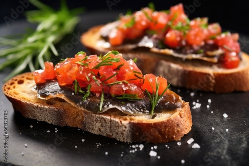 close-up on anchovy bruschetta with sea salt sprinkles