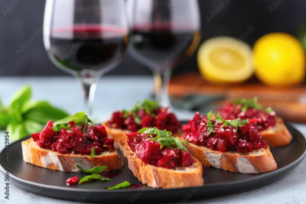 beetroot bruschetta on a glass plate with lemon wedges