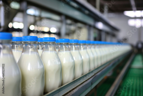 Conveyor for bottling milk into bottles at a modern dairy plant. Line for bottling and packaging of dairy products. Industrial equipment. Fresh milk.