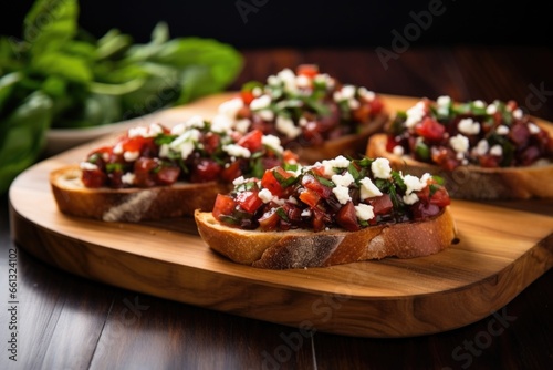 bruschetta with feta cheese on artisanal bread cut diagonally