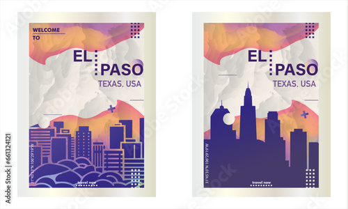 USA El Paso city poster pack with abstract shapes of skyline, cityscape, landmarks and attractions. US Texas state travel vector illustration set for brochure, website, page, business presentation