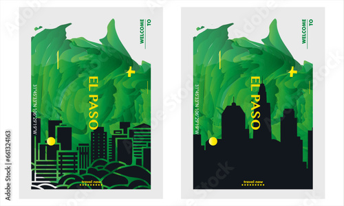 USA El Paso city poster pack with abstract shapes of skyline, cityscape, landmarks and attractions. US Texas state travel vector illustration set for brochure, website, page, business presentation