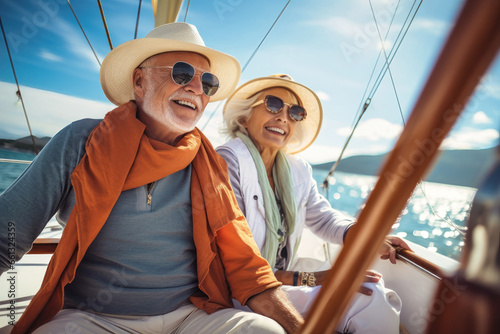 An elderly couple sits in a boat or yacht against the backdrop of the sea. Happy and smiling. Yacht trip. Sea voyage, active recreation. Love and romance of older people.