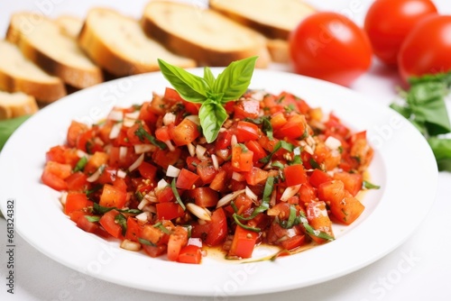 pile of bruschetta on white dish with garlic cloves scattered