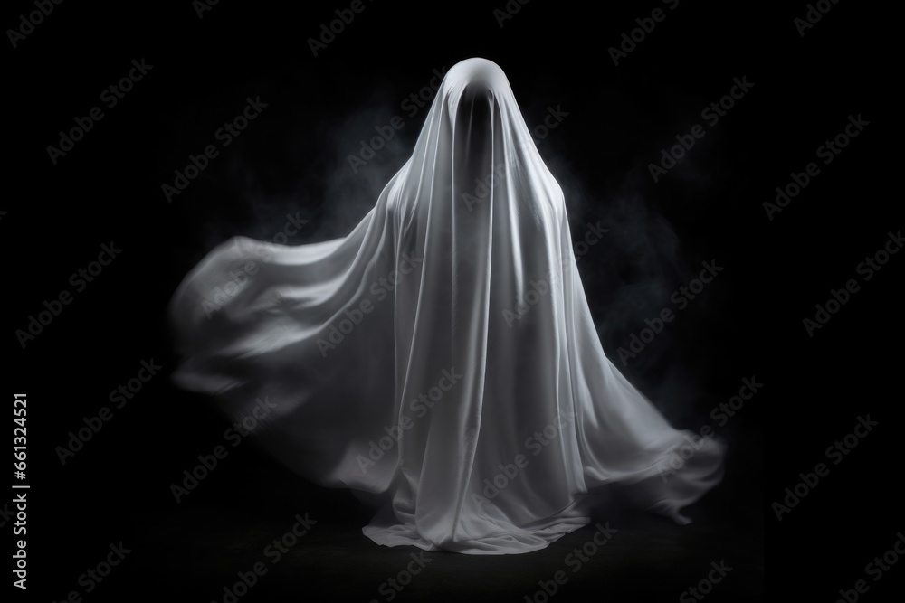 Mysterious ghostly figure in white costume amid the darkness. Octobers chilling fantasy. Haunting night.