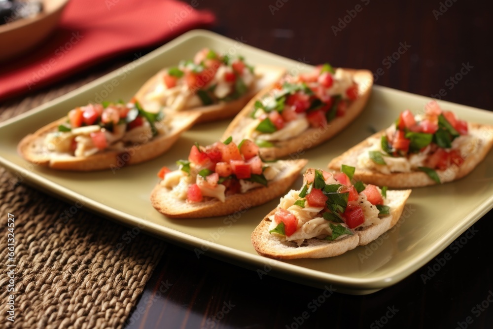 three pieces of bruschetta with hummus on a woven placemat three pieces of bruschetta with hummus on a woven placemat