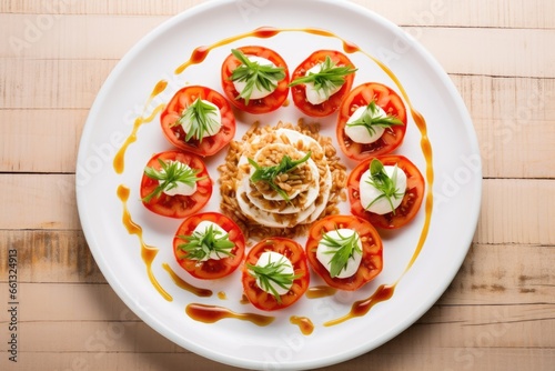 bruschetta with mozzarella arranged in a circle on white dish