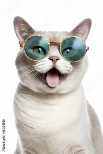 Portrait of happy white cat in blue large round sunglasses, on white background