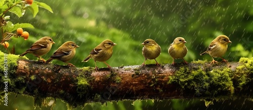 sparrows are sitting on a branch in the rain. photo