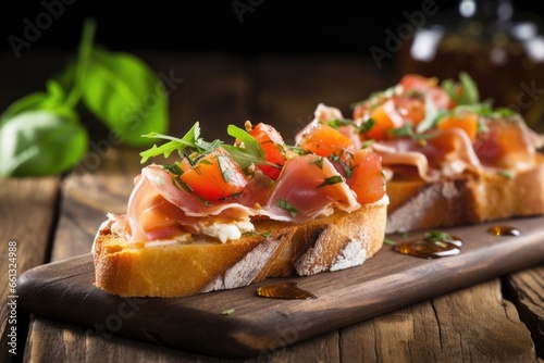 close-up of prosciutto bruschetta on a rustic wooden table