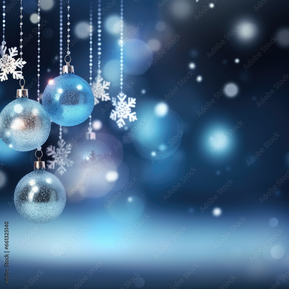 Christmas background with snowflakes and christmas balls in blue and white tones Christmas background with snowflakes and christmas balls in blue and white tones